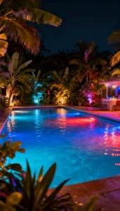 Iluminação de piscina para eventos e festas do suave ao festivo com um clique