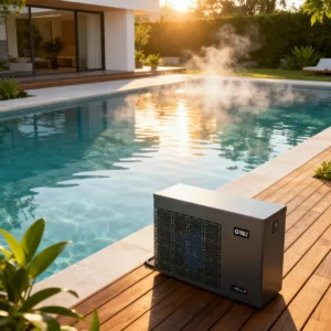 Trocador de calor Tholz instalado ao lado de uma piscina moderna, com vapor leve saindo da água aquecida e luz natural do entardecer ao fundo.