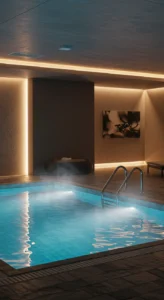 Piscina aquecida em ambiente interno sofisticado, com iluminação indireta e atmosfera de conforto e relaxamento.