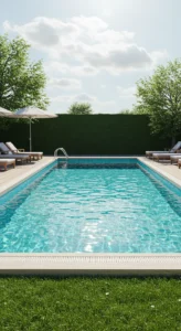 Piscina residencial ao ar livre em dia ensolarado, com água cristalina, deck moderno, espreguiçadeiras e paisagismo verde ao redor.