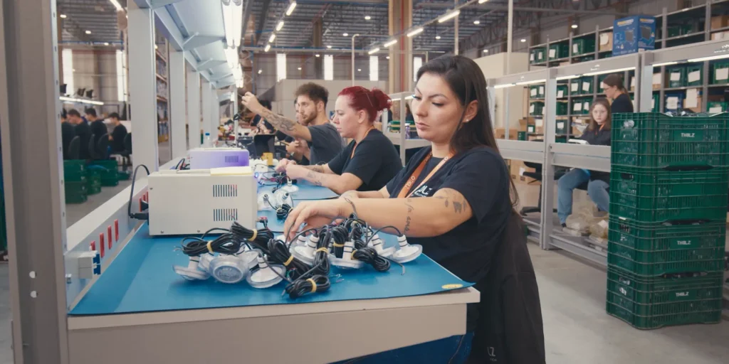 Equipe da Tholz realizando a montagem e testes de dispositivos eletrônicos em linha de produção industrial.