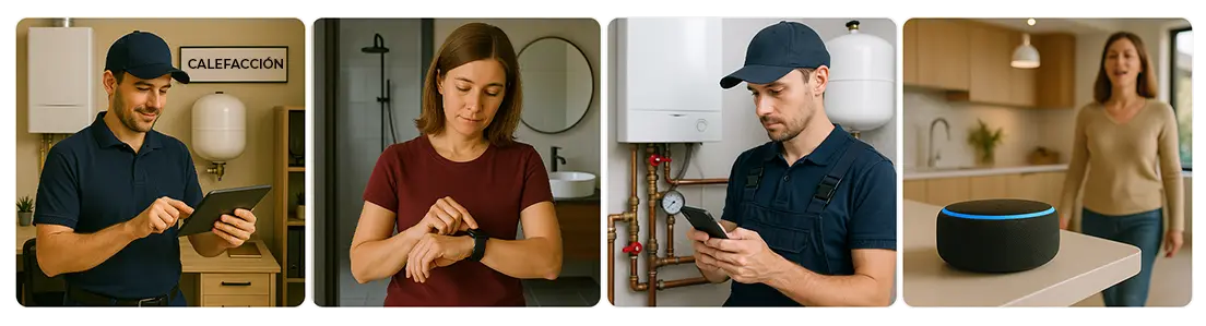 Control de calefacción inteligente Tholz con integración vía smartphone, smartwatch y asistente de voz en ambiente residencial.