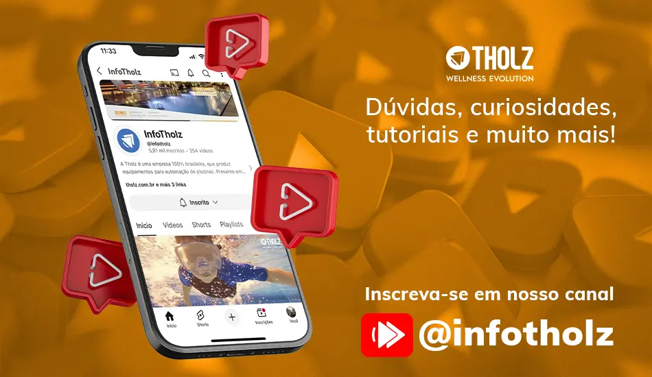 Canal InfoTholz no YouTube com conteúdos educativos sobre piscinas, automação, aquecimento e tecnologia Tholz.