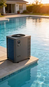 Trocador de calor Tholz instalado ao lado da piscina para aquecimento eficiente da água.