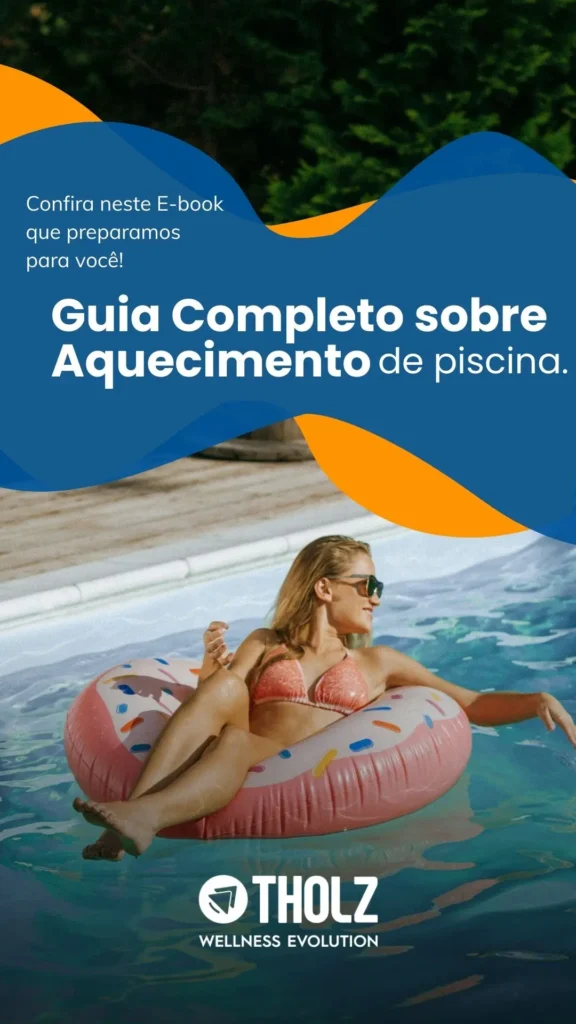 Capa de e-book Guia Completo sobre Aquecimento de Piscina da Tholz, com mulher relaxando em piscina aquecida.