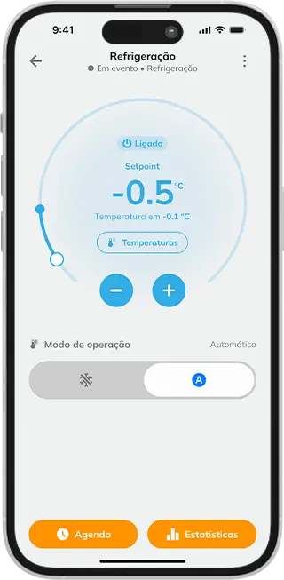 Interface do aplicativo Tholz Casa Inteligente exibindo o controle de refrigeração do TLS Smart com ajuste de setpoint e modo automático.