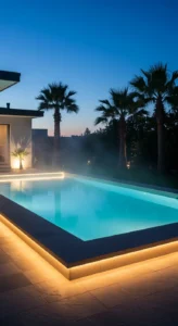 Piscina residencial moderna iluminada com LED embutido ao entardecer, com palmeiras ao fundo.
