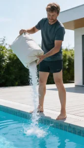 Homem adicionando sal na piscina para tratamento da água em área externa residencial.