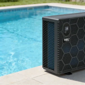 Trocador de calor Tholz instalado ao lado de uma piscina residencial, destacando o aquecimento eficiente da água em ambiente externo.