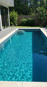 Piscina residencial com água azul cristalina em área externa, destacando limpeza, profundidade definida e acabamento moderno.