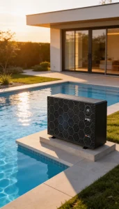 Bomba de calor para piscina instalado ao lado de piscina residencial moderna ao pôr do sol.