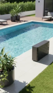 Piscina residencial moderna com água azul cristalina em ambiente externo sofisticado, com equipamento de aquecimento ao lado e área com deck e plantas.