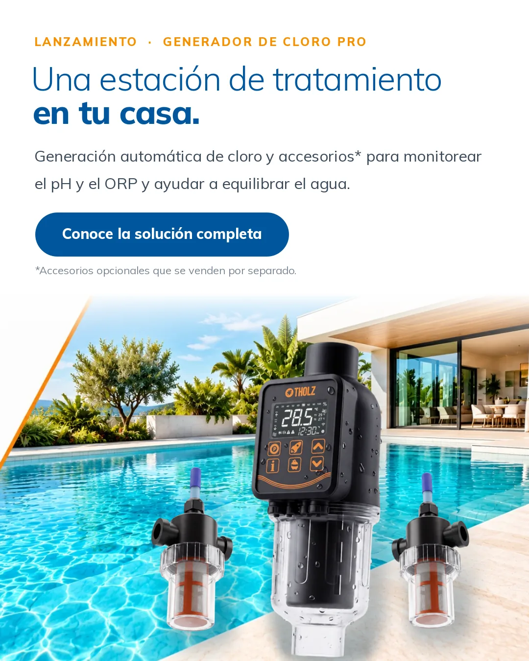 Generador de Cloro Pro con accesorios para monitorear pH y ORP sobre una piscina