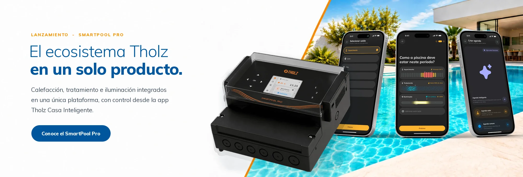 Controlador SmartPool Pro y app Tholz Casa Inteligente en celulares sobre una piscina: el ecosistema Tholz en un solo producto