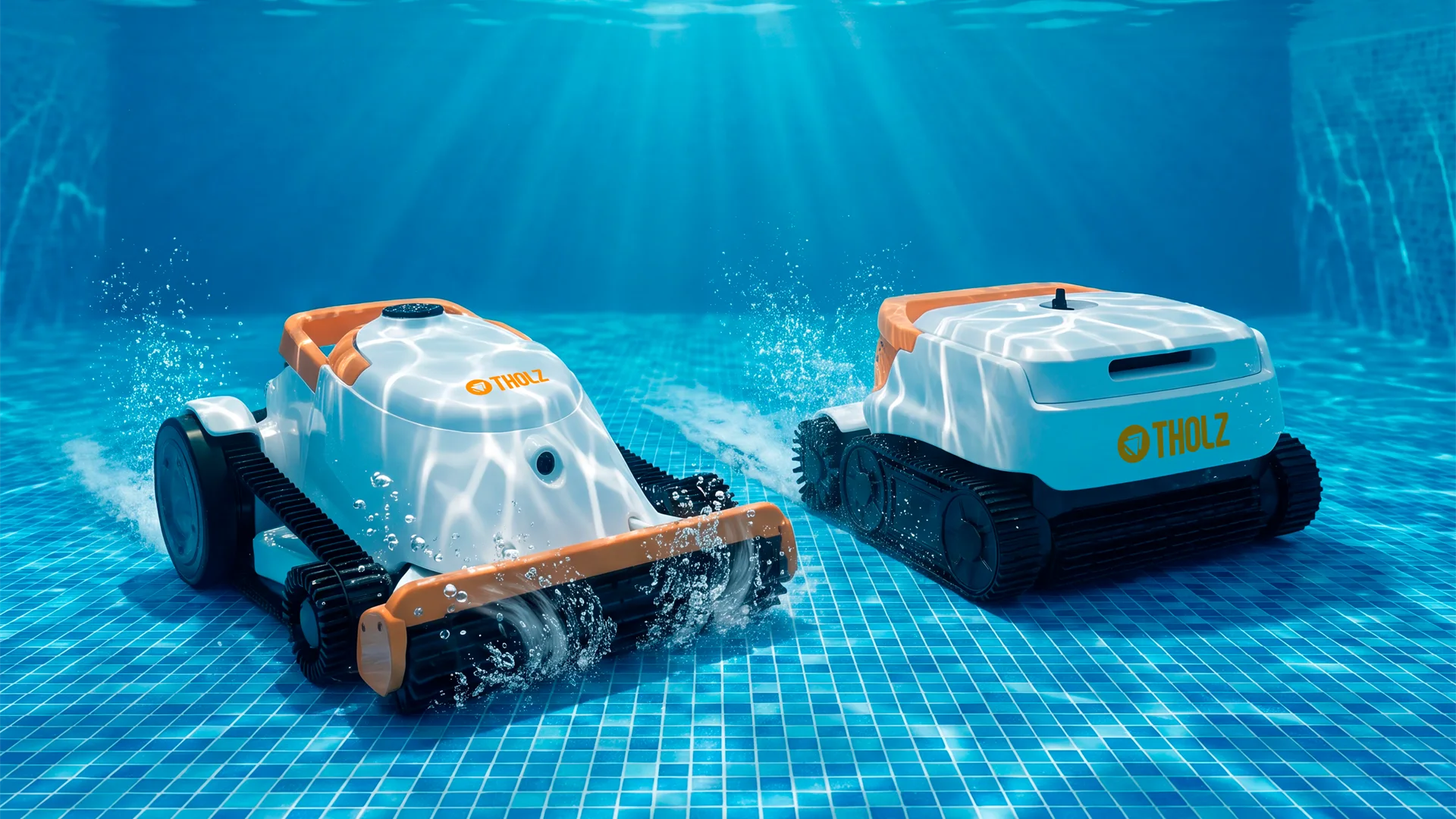 Robôs limpadores de piscina SmartClean e SmartClean Pro da Tholz limpando o fundo de uma piscina com pastilhas azuis.